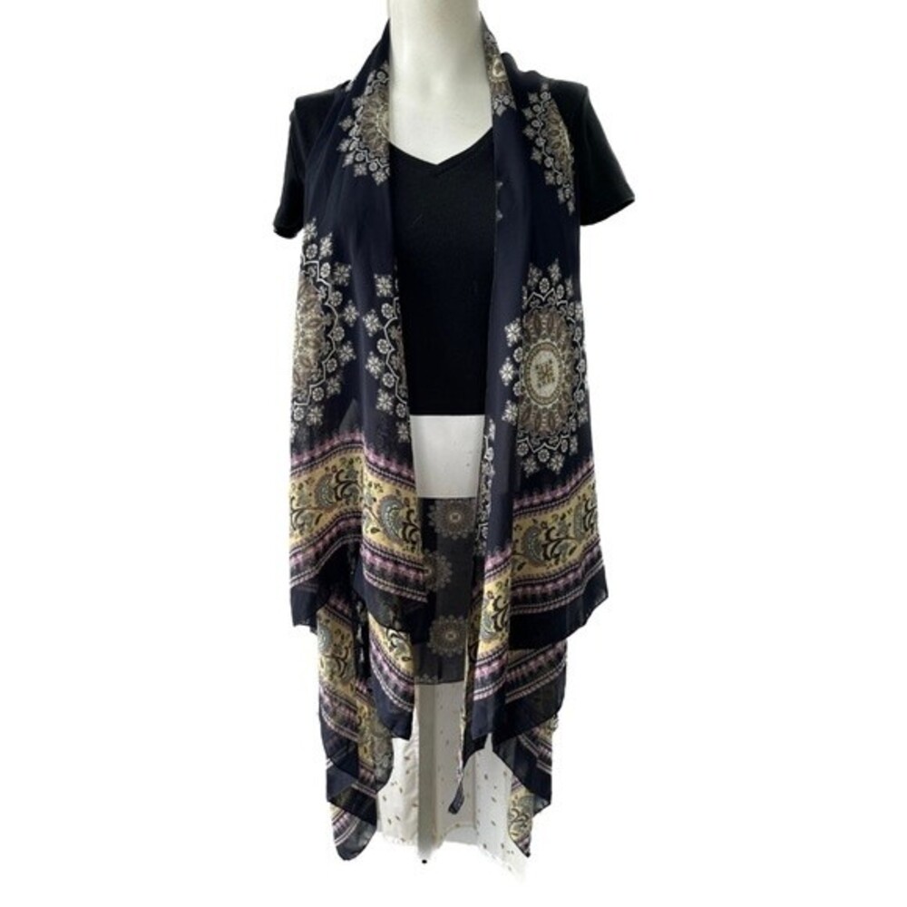 Gena Accessories G Navy Paisley Long Scarf Waterfall Vest Kimono Chic One Size